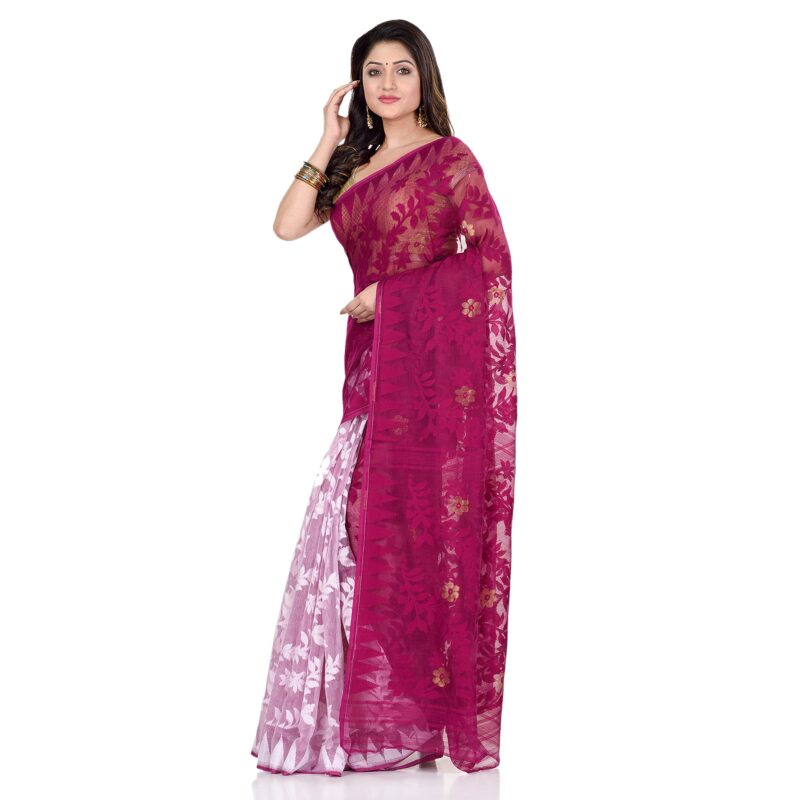 Db Desh Bidesh Women's Jamdani Cotton Saree Without Blouse Piece (Db220622Jamdanitant_Plum Jam White) - Image 5