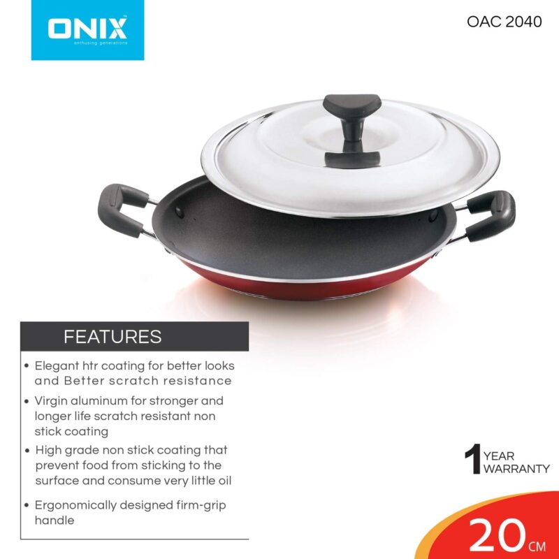 Onix OAC 2040N Aluminium Non Stick Appachatty (20 cm, Maroon) - Image 2