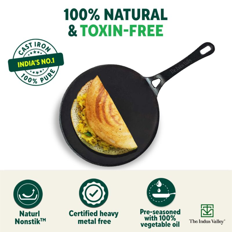The Indus Valley Pre-Seasoned Cast Iron Concave Dosa Tawa + Free Wooden flip | 25.4cm/10 inch, 1.9kg | Gas Stove Compatible | Naturally Nonstick, 100% Pure & Toxin-Free, No Chemical Coating - Image 7