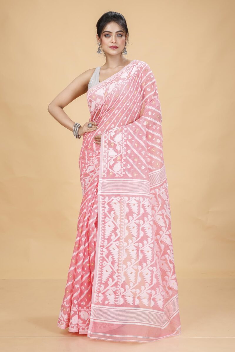Tant Vastra Women’s Soft Resham Dhakai Karat Jamdani Saree without Starch And Without Blouse Piece (Peach) - Image 2