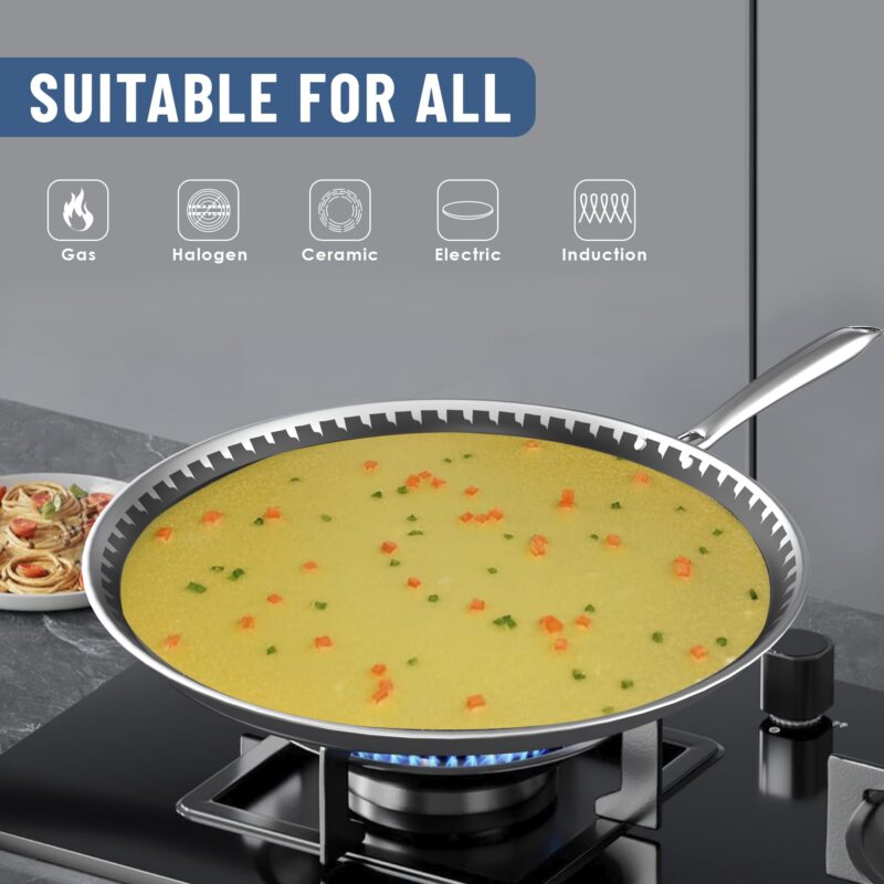 Esspy Hybrid 31cm Triply Dosa Tawa, Stainless Steel Tawa for Dosa, Non Stick Tawa for Roti/Chapati/Paratha, Metal Spatula Friendly, 4.0 mm Thick, Honeycomb Pattern, Riveted Handle, Food Safe - Image 4
