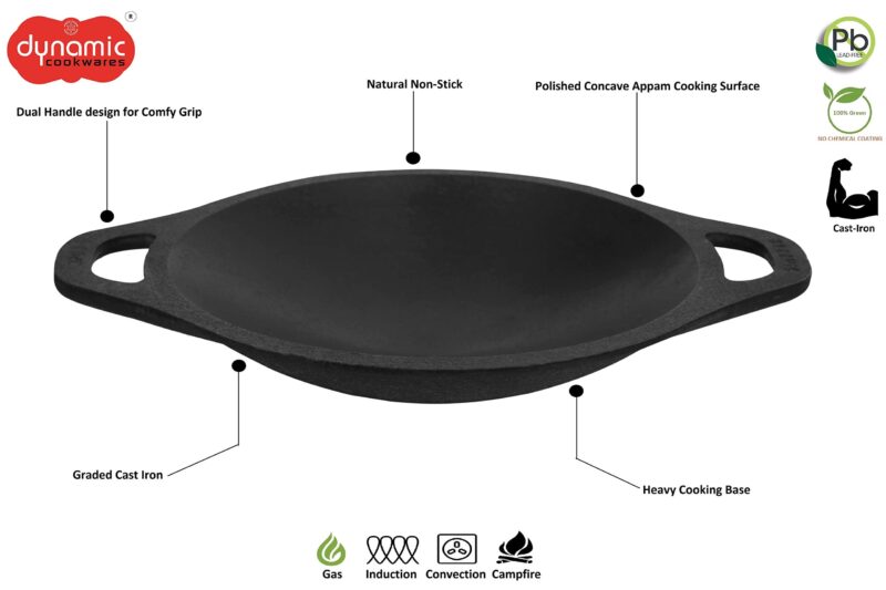 DYNAMIC COOKWARES Premium Pre-Seasoned Even matt Finish Cast Iron Appam Pan 8 Inch/22.05 cm | Gas Compatible | Naturally Nonstick Appam Patra/Chatti/Kallu/Palappam Pan, 100% Pure & Toxin-Free, Black - Image 2
