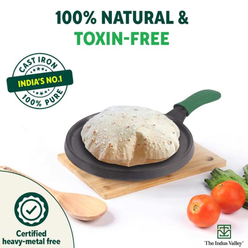 The Indus Valley Pre-Seasoned Cast Iron Tawa for Dosa/Chapathi with Silicone Grip | 25.5cm/10 inch, 2.1kg | Induction Friendly | Naturally Nonstick, 100% Pure & Toxin-Free, No Chemical Coating - Image 7