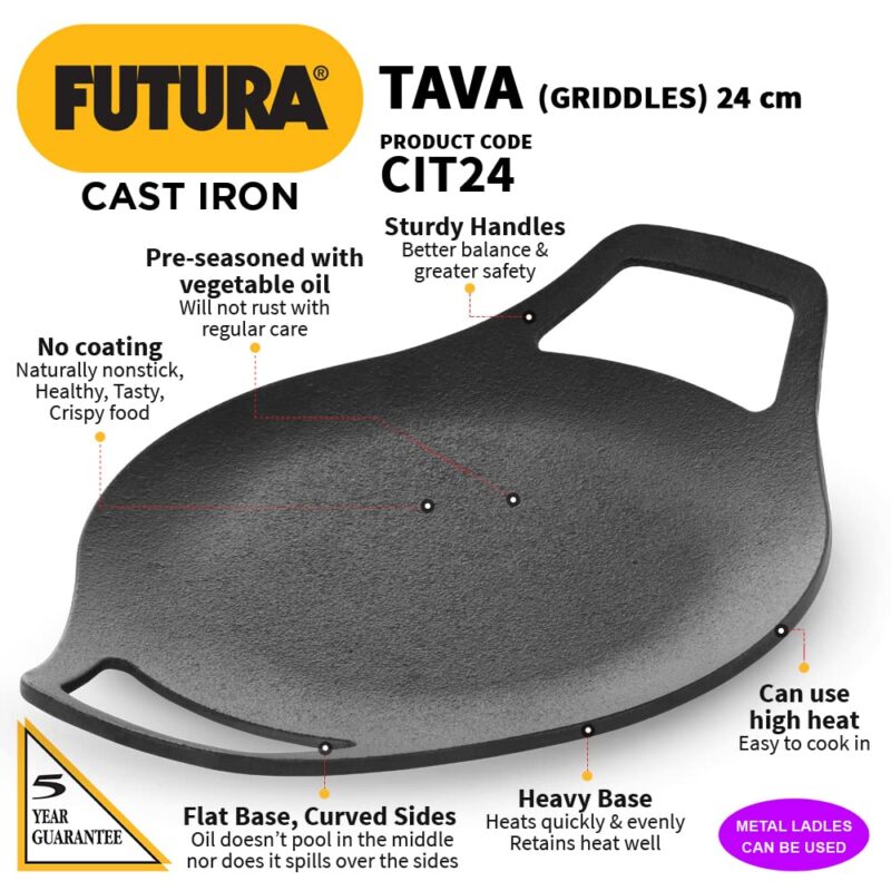Hawkins Futura 24 cm Cast Iron Tava, Cast Iron Tawa for Roti, Cast Iron Cookware for Kitchen, Black (CIT24) - Image 7
