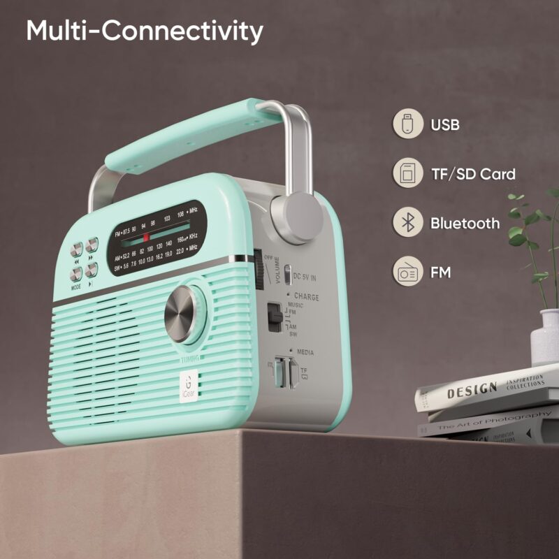 iGear Trinity Solar-Powered MP3 Player & 3-Band Radio with FM/AM/SW, Retro Modern Style, Bluetooth, USB, TF/SD Card, 1200 mAh Rechargeable Battery, Solar Charger, 1 Year Replacement Warranty (Blue) - Image 7