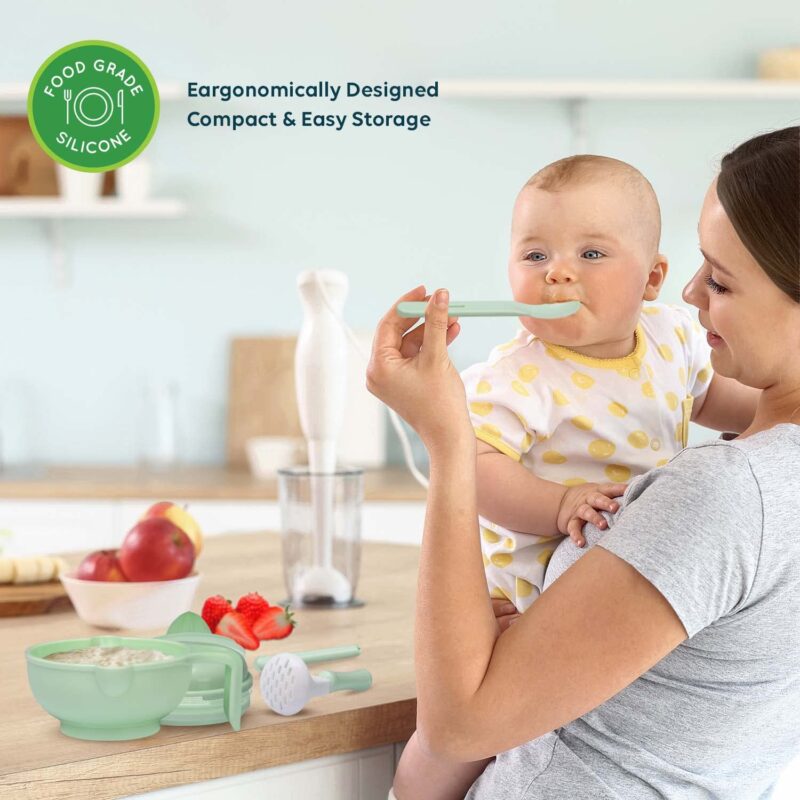 LuvLap 9 in 1 Baby Food Masher Mill, Food Grinder Cum Processor, with Multifunction Textured Mashing & Filtering Plates, with Serving Bowl (Light Green) - Image 3