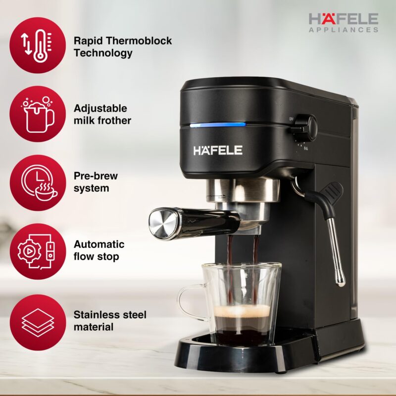 Hafele U-Kaffee Espresso Coffee Machine, 15-Bar Pressure, Removable Water Tank (1L), Single/Double Espresso, Cappuccino & Latte, Adjustable Milk Frother, Thermoblock Technology, 1450 W - Image 6