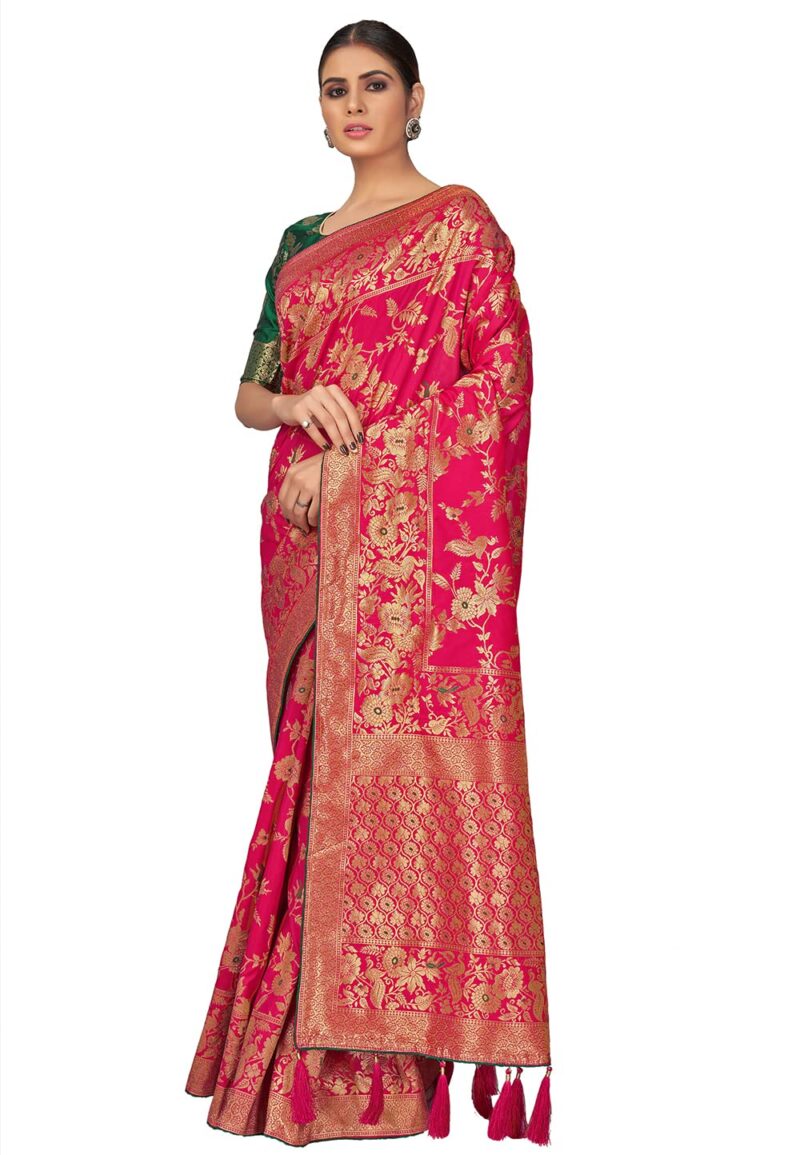 Monjolika Fashion Women's Banarasi Silk Blend Woven Zari With Tussles Saree and Jacquard Woven Blouse Piece (37765 color) (Magenta) - Image 7