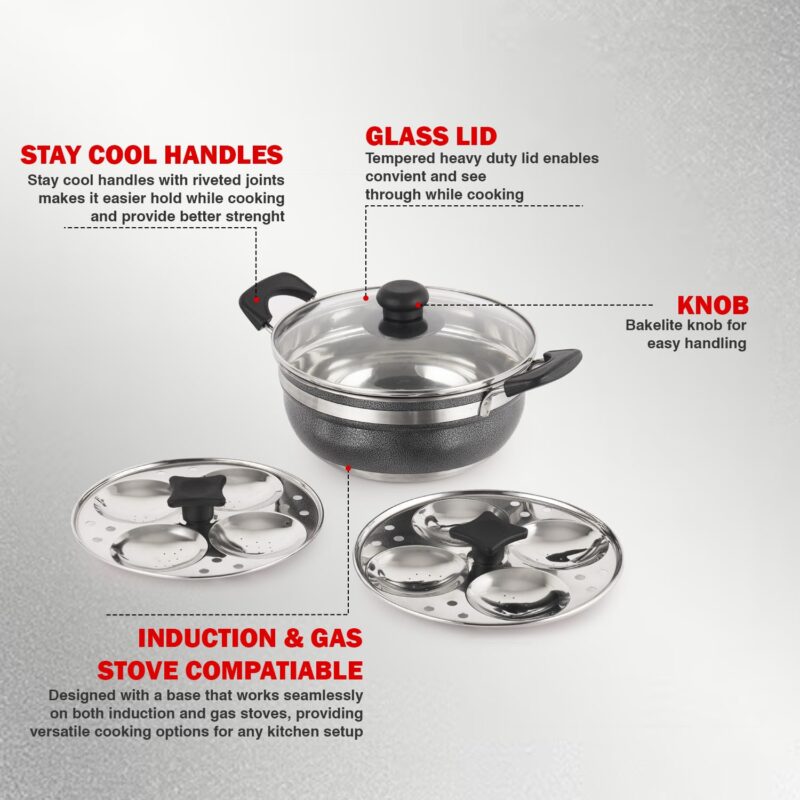 Cello Magna Stainless Steel Multi Kadai Idli cooker with Glass Lid & 2 Idli Plates | Multi-purpose use | Perfect for Frying, Sautéing, Roasting, Preparing sabjis | Dishwasher Safe - Image 6