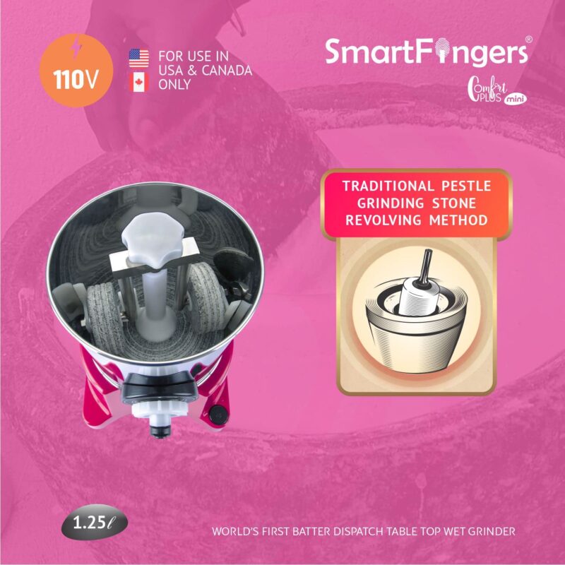 SmartFingers Stainless Steel Comfort Plus Table Top Magic Wet Grinder 110V 60Hz (1.25 L) For Usa Canada And Japan Only, Pink - Image 7