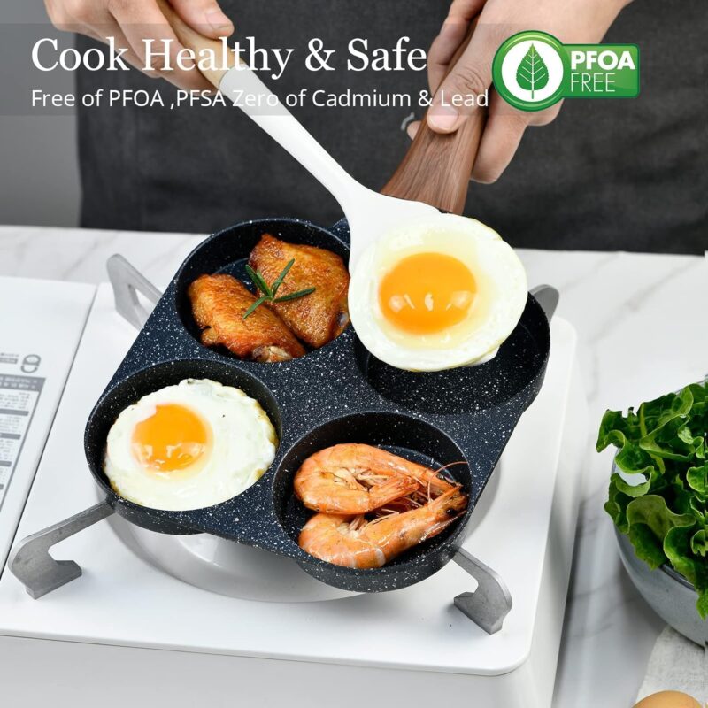Cannagenix 4 Cups Egg Pan Omelette Pan Frying Pan Egg Frying Pan 4 Cup Crepe Pan Granite Egg Cooker Breakfast Pancakes Pan Suitable for Gas Stove & Induction Cookware (Wood Grain Handle) - Image 5