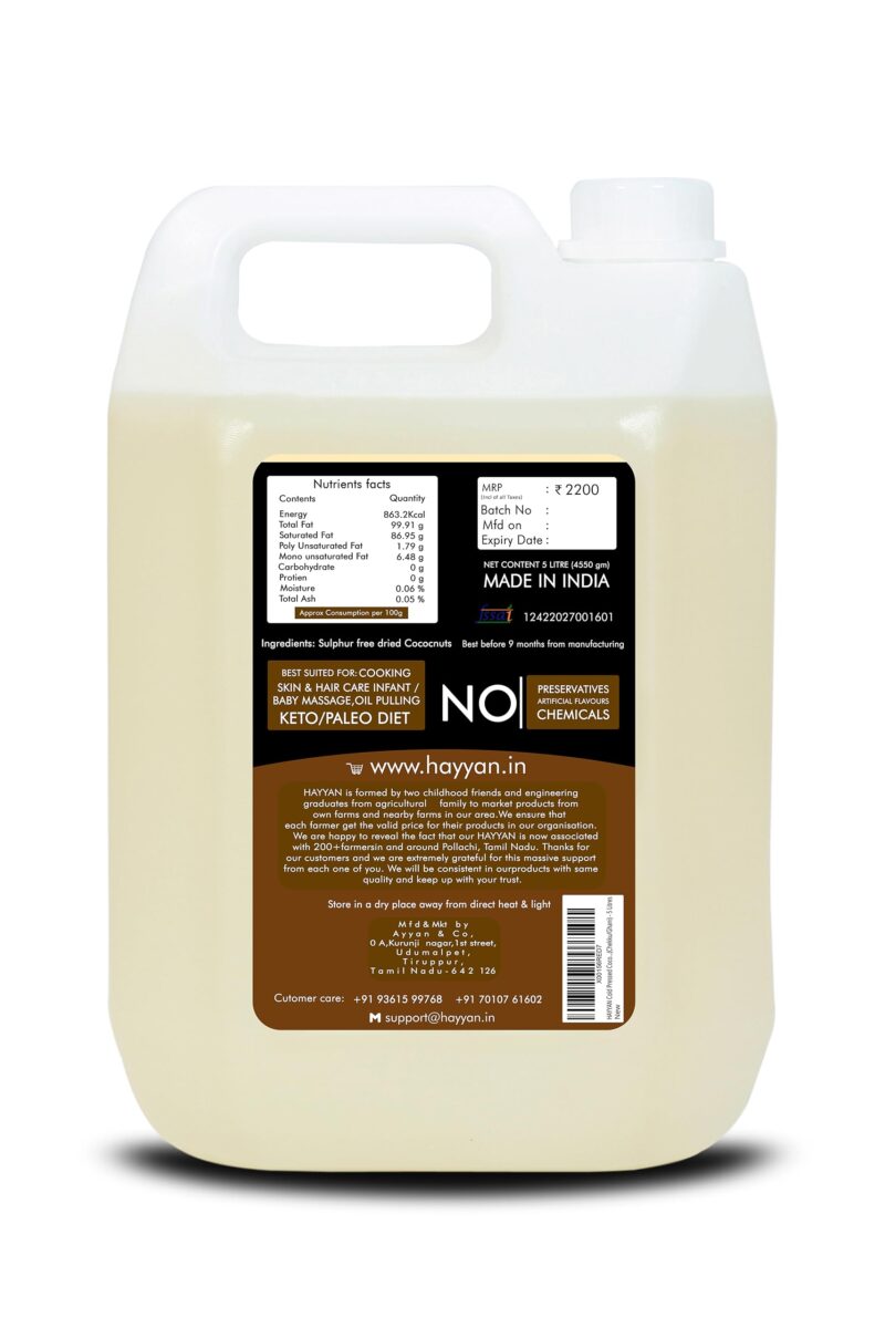 HAYYAN Cold Pressed Coconut Oil - Own Farm Unrefined for Cooking, Skin, Hair & Baby massage (Chekku/Ghani) - 5 Litres - Image 5