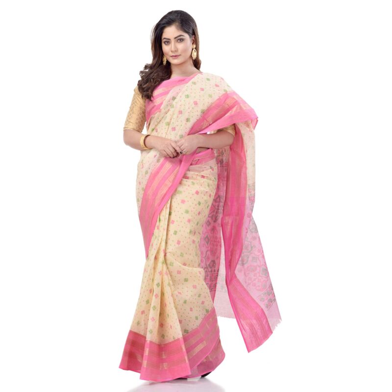 dB DESH BIDESH Women`s Bengal Tant Jamdani Printed Handloom Cotton Saree Without Blouse Piece(Pink) - Image 5