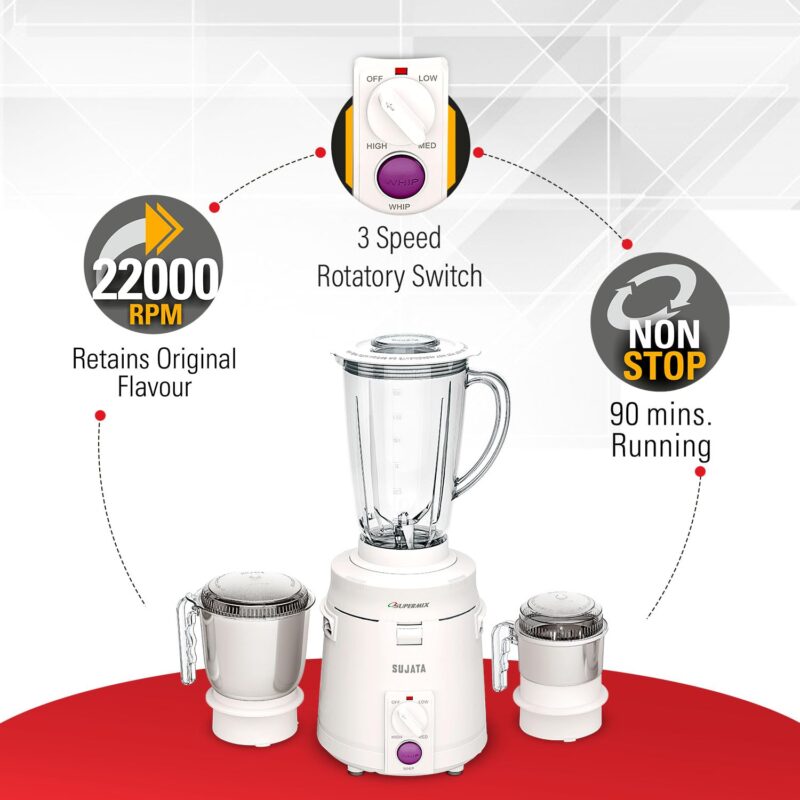 Sujata Supermix 900 Watts Mixer Grinder | 22000 Rotations Per Min | 90 Minutes Continuous Running | 3 Versatile Jars 1750 ml, 1000 ml and 400 ml - Image 4