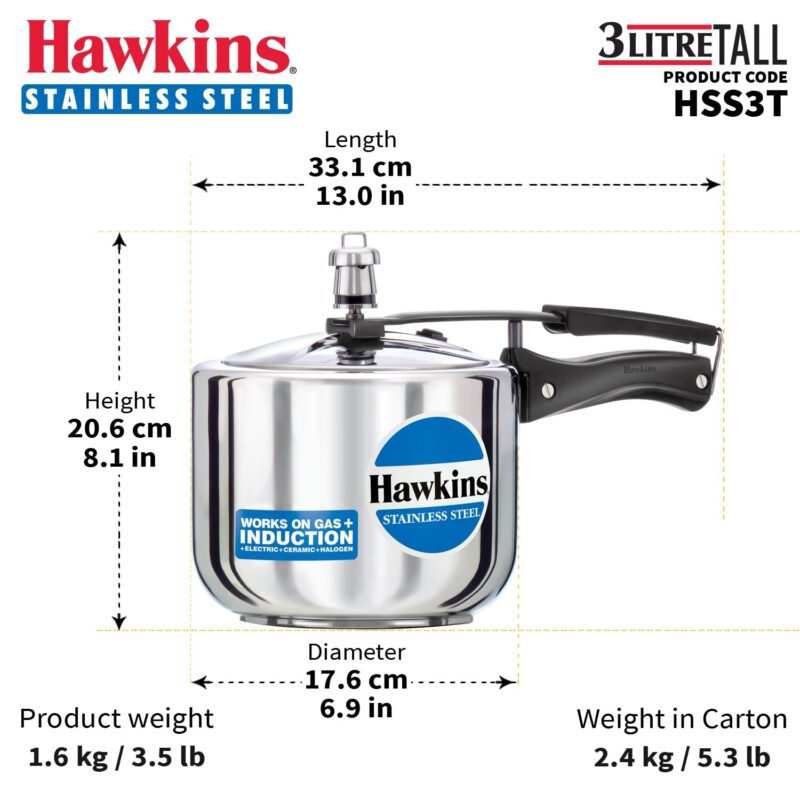 Hawkins 3 Litre Pressure Cooker, Stainless Steel Inner Lid Cooker, Tall Design Cooker, Induction Cooker, Silver (Hss3T), 3 Liter - Image 5