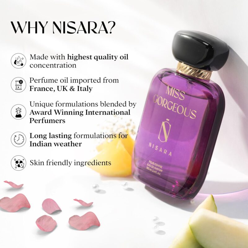 Nisara Miss Gorgeous Perfume For Women 100 ml | Long Lasting Eau De Parfum | Floral-Fruity-Green Fragrance | With Pear,Bergamot,Rose,Cedarwood,Musk,Amber,Vanilla | EDP Scent spray for Women | Premium Perfume For Her - Image 5