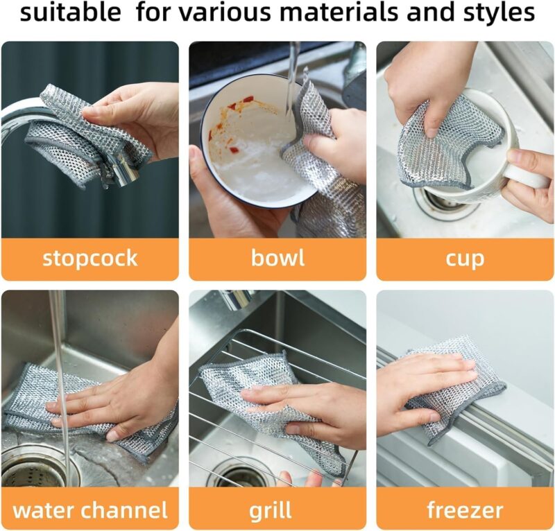 SHOPPOFOBIX Multipurpose Non-Scratch Wire Dishcloth, 6-Pack Soft Wire Dishwashing Rags Safe for Non-Stick Cookware, Scrubs & Cleans for Dishes, Sinks, Counters, Stove Tops, Easy Rinsing, Durable (6) - Image 3