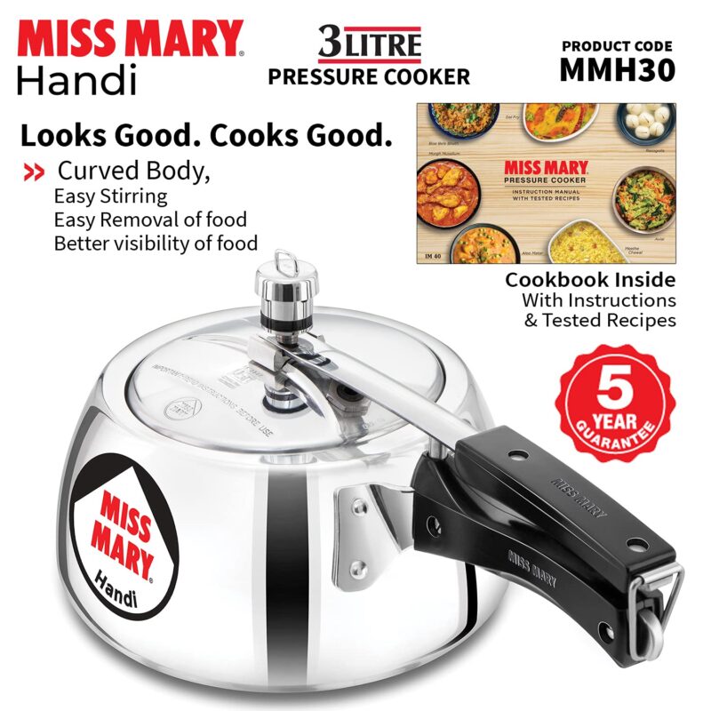 Hawkins 3 Litre Miss Mary Handi Pressure Cooker, Inner Lid Cooker, Silver (MMH30) Aluminium - Image 7