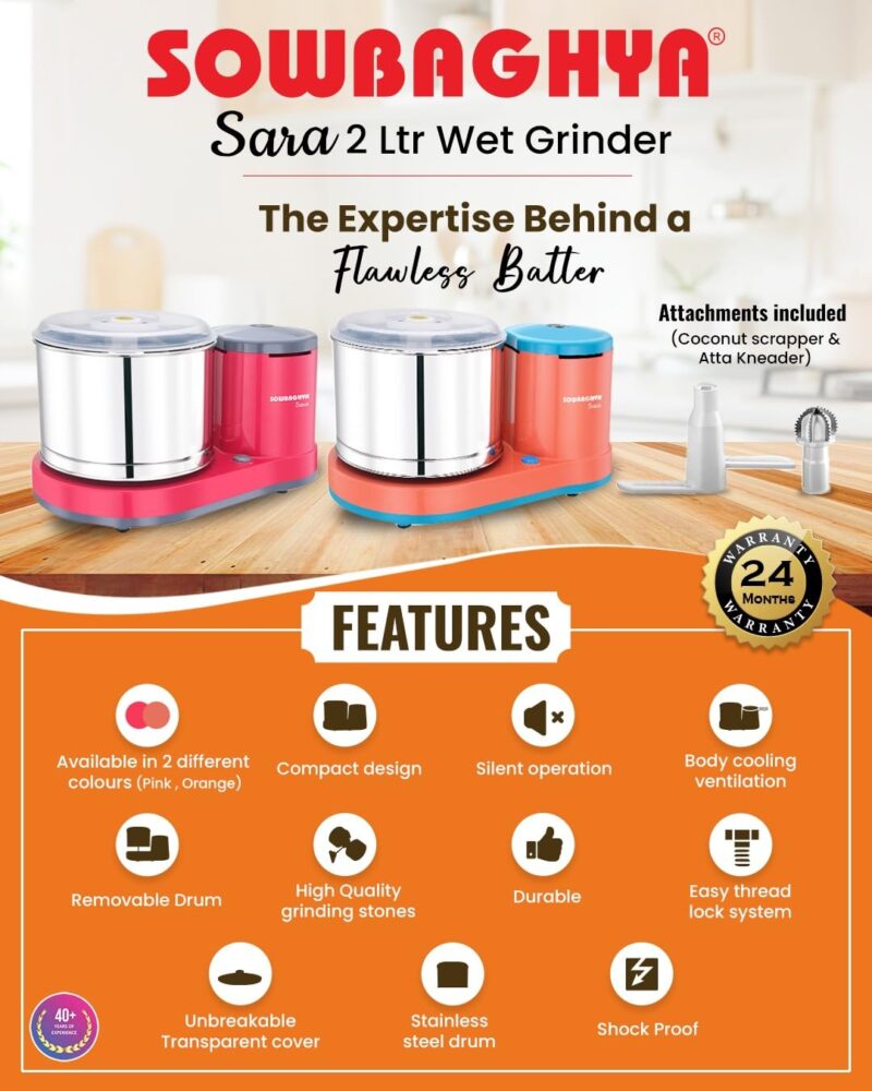 Sowbaghya Sara 2Ltr Table Top Wet Grinder with Coconut Scrapper & Atta Kneader (Orange) | Heavy Duty Motor | Ideal for Your Kitchen | 2Ltr Wet Grinder for All Kinds of Batter for South Indian Dishes - Image 2