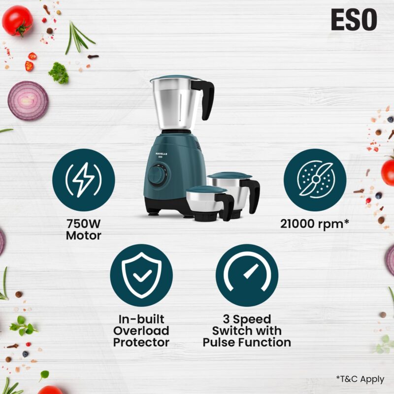 Havells ESO 750 Watts 3 Jar Mixer Grinder | Rust Resistant 304SS Blade | High Speed Mixie 21000 RPM motor| Heavy and Wider mouth SS Jars with Handle| 5 Year Motor Manufacturer Warranty (Teal) - Image 2