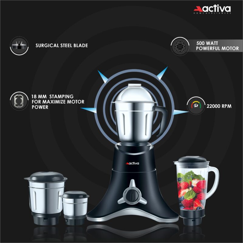 ACTIVA ABS Super Chef 900 Watts Powerful Motor Mixer Grinder With 4 Jars | 2 Years Motor, Black - Image 6