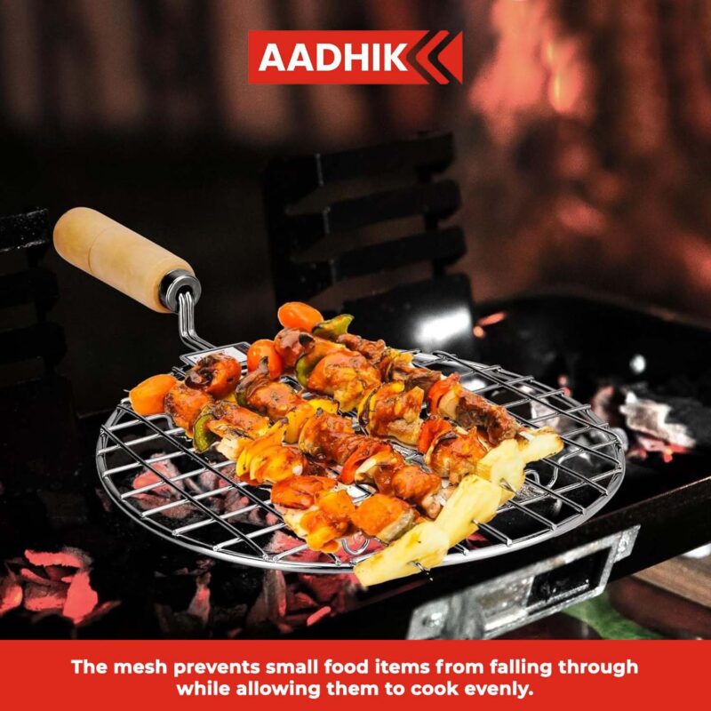 AADHIK Papad Jali Roast, Paneer Grill, Roti Maker, Barbeque Round Jali Roaster Chapati Toast Grill Wooden Handle Vegetable tandoor net, Baigan Bharta - Image 5