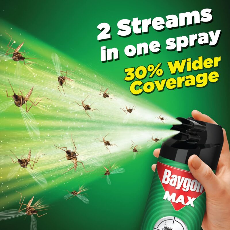 Baygon Max Mosquito and Fly Killer Spray, 400ml | Lime Fragrance | Instant Mosquito Repellent | Kills Dengue & Malaria Spreading Mosquitoes | With Double Nozzle Technology for 30% Wider Coverage - Image 6