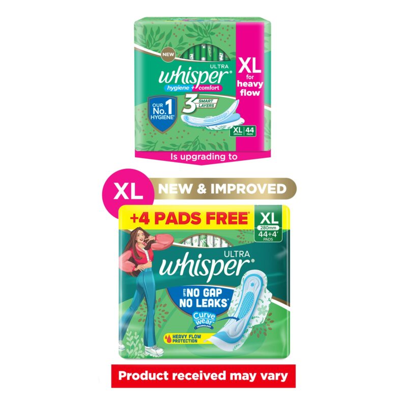 Whisper Ultra Upto No Gap No Leaks Sanitary Pads, 48 XL Pads, For Heavy Flow Protection, With CURVEWEAR™ Technology, Cotton Like Softness, Disposable Wrapper, Locks Odour & Wetness - Image 9