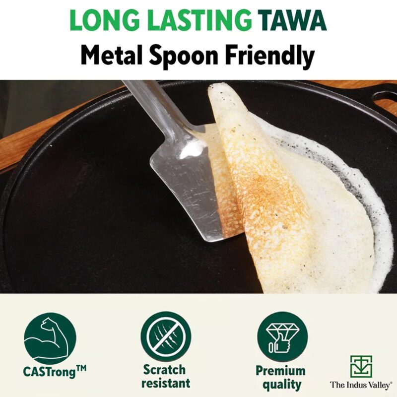 The Indus Valley Super Smooth Cast Iron Tawa for Dosa/Chapathi | 27.6cm/10.8 inch, 2.8kg | Induction Friendly | Naturally Nonstick, Pre-Seasoned Tawa, 100% Pure & Toxin-Free, No Chemical Coating - Image 5
