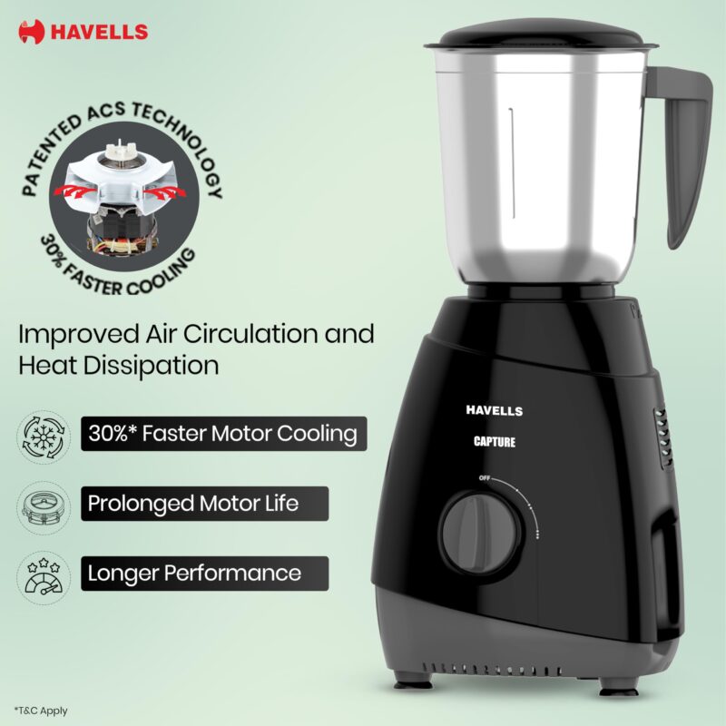 Havells Capture 500 Watts 3 Jar Mixer Grinder, High Speed 21000 Rpm Motor, Rust Resistant 304 Ss Blades,1.5 Ltr Bigger Size Blending Jar, 1 Year Manufacturer Warranty, Black - Image 4