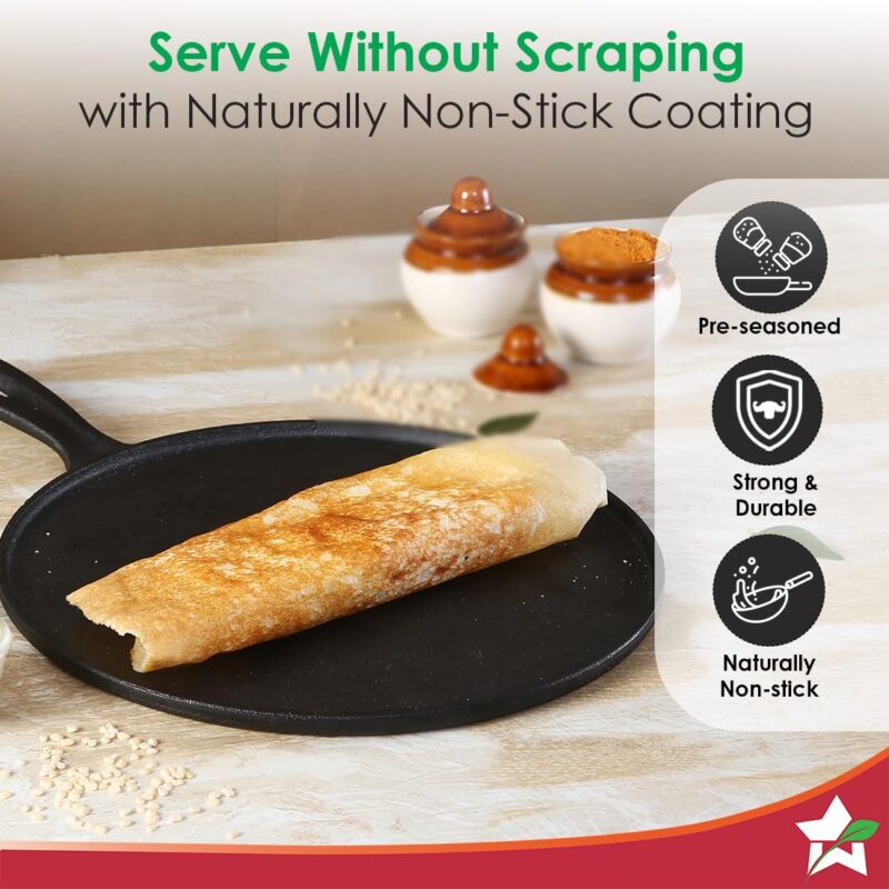 Wonderchef Forza Cast-Iron 27 cm Dosa Tawa Pan | Pre-Seasoned Cookware | Induction Friendly | 4 mm | with Lifetime Exchange Warranty - Image 6