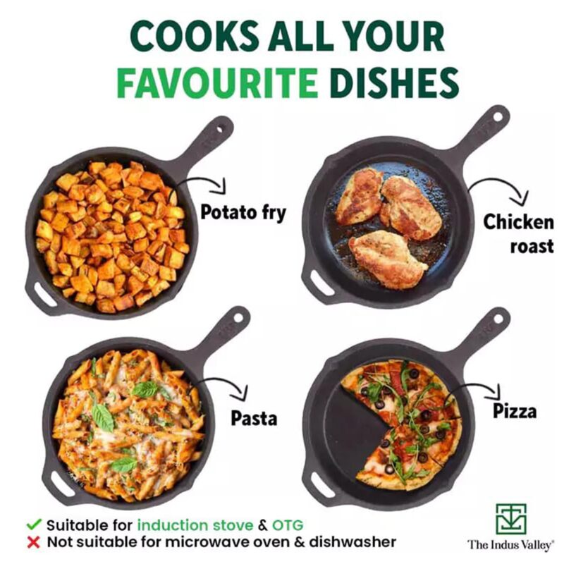 The Indus Valley Pre-Seasoned Cast Iron Fry Pan/Skillet With Silicone Grip|Medium 25Cm/10 Inch, 1.6Ltr, 2.4Kg|Induction Friendly|Nonstick Fry Pan, 100% Pure & Toxin Free, No Chemical Coating, Black - Image 2