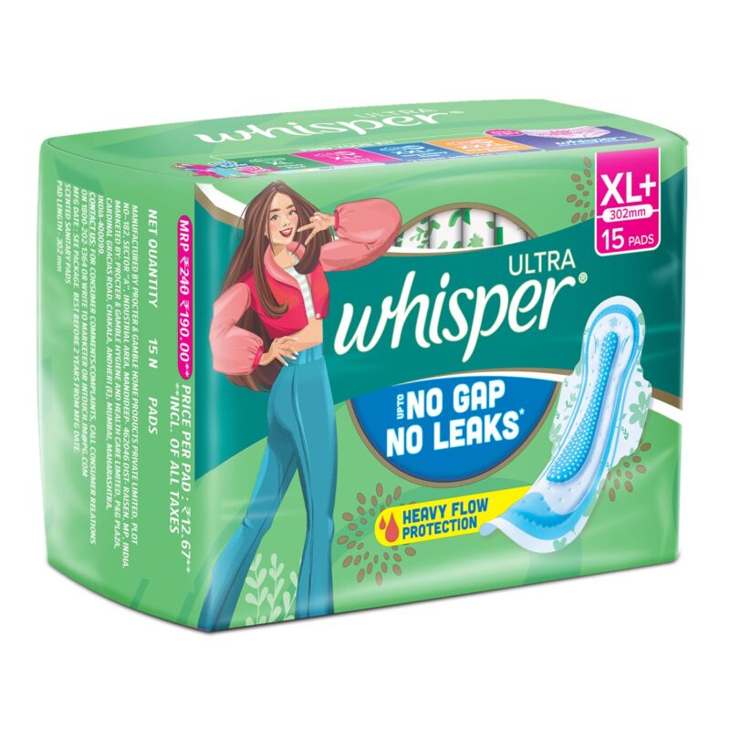 WHISPER ULTRA HYGIENE+COMFORT SANITARY PADS, 15 XL+ PADS, FOR HEAVY FLOW, LONG LASTING PROTECTION, LOCKS ODOUR & WETNESS, DRY TOP SHEET, DISPOSABLE WRAPPER - Image 3
