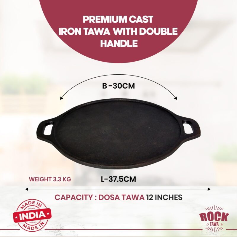Rock Tawa Dosa Tawa 12 Inch Pre-Seasoned Cast Iron with Free Wooden Spatula and Silicon grip cover - Image 4