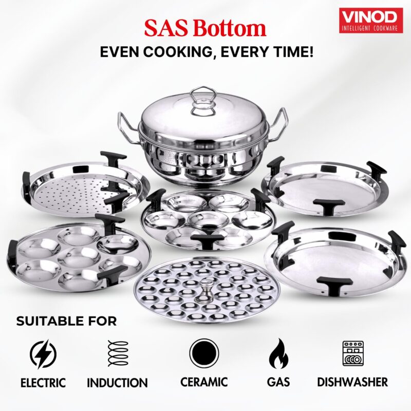 Vinod Stainless Steel Deluxe Multi Kadai with 6 Plates - 26cm, 2 Idli, 2 Dhokla,1 Patra and 1 Mini Idli Plate | Dhokla and Momos Steamer, Maker,Induction Friendly - Image 6
