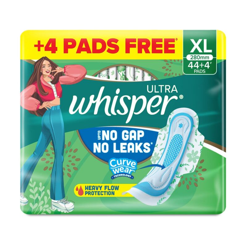 Whisper Ultra Upto No Gap No Leaks Sanitary Pads, 48 XL Pads, For Heavy Flow Protection, With CURVEWEAR™ Technology, Cotton Like Softness, Disposable Wrapper, Locks Odour & Wetness - Image 4