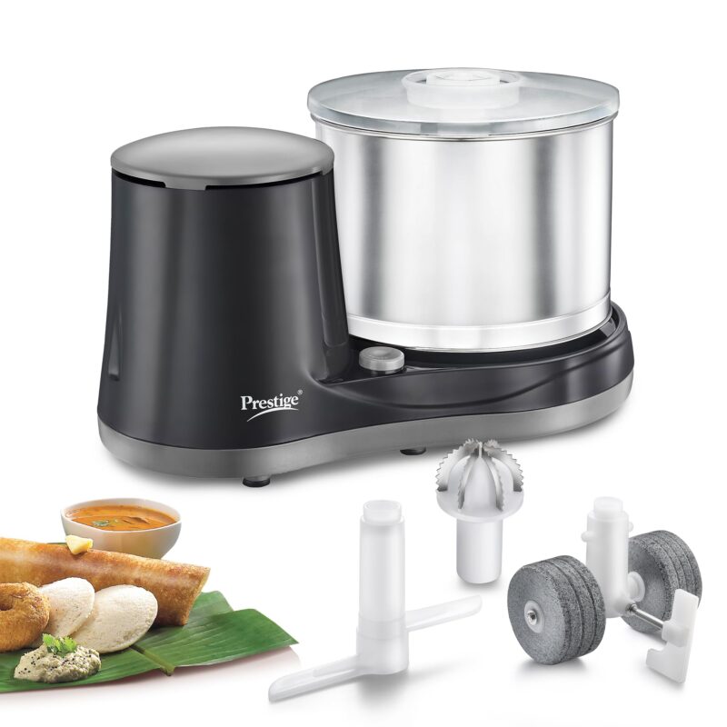 Prestige Ultima Pro 2 Litre Table Top Wet Grinder |200 Watts Heavy Duty Motor|Coconut Scraper Attachment|Atta Kneader Attachment|Stainless Steel Drum|2 Years Warranty|Silver & Black