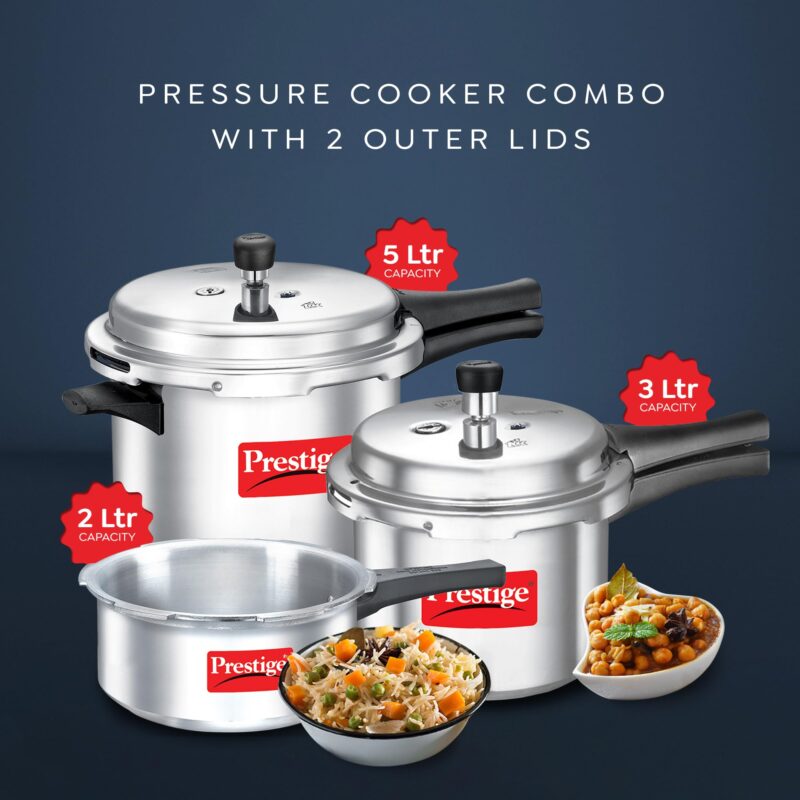 Prestige 2L+3L+5 Litres Popular Max Outer Lid Aluminium Combo Pressure Cooker with 2 Lids |Pressure Indicator | Gas & Induction Compatible |Metallic Safety Plug| Gasket-Release System - Image 5