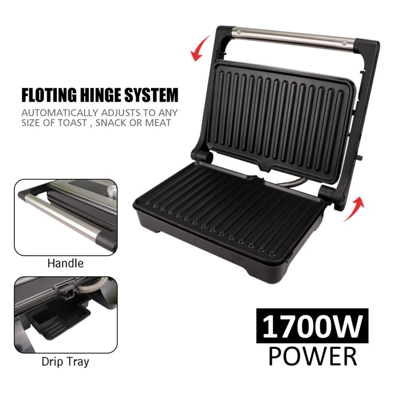 iBELL SM1700G Sandwich Maker with Floating Hinges, 1700Watt, 180 Degree Openable Plates for Grill/Toast, Temperature Control Knob (Black) - Image 6