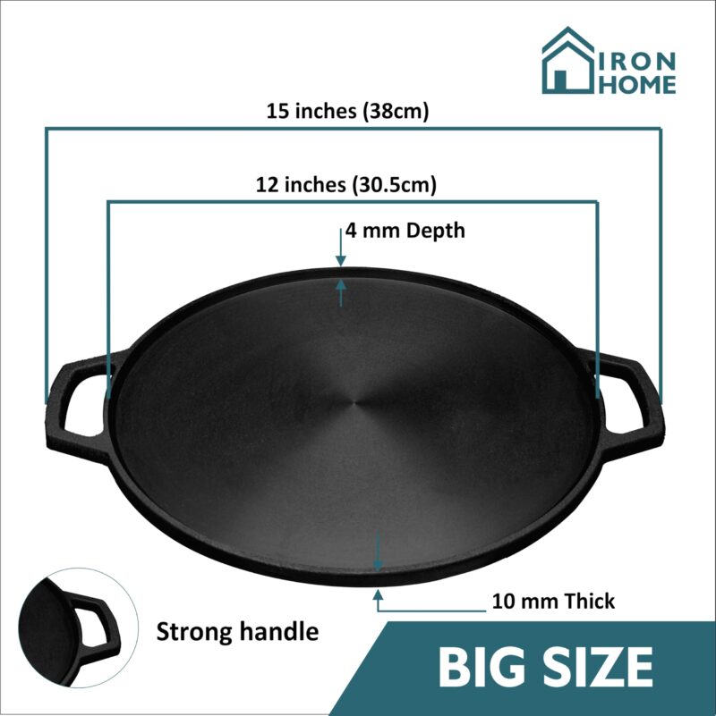 IRONHOME Premium 12 inches Cast Iron Dosa Tawa for Perfectly Crispy Dosas | Pre-Seasoned Big Size Dosa Tawa Cast Iron | Durable and Versatile Cast Iron Tawa | Traditional Cast Iron Dosa Tawa - Image 4