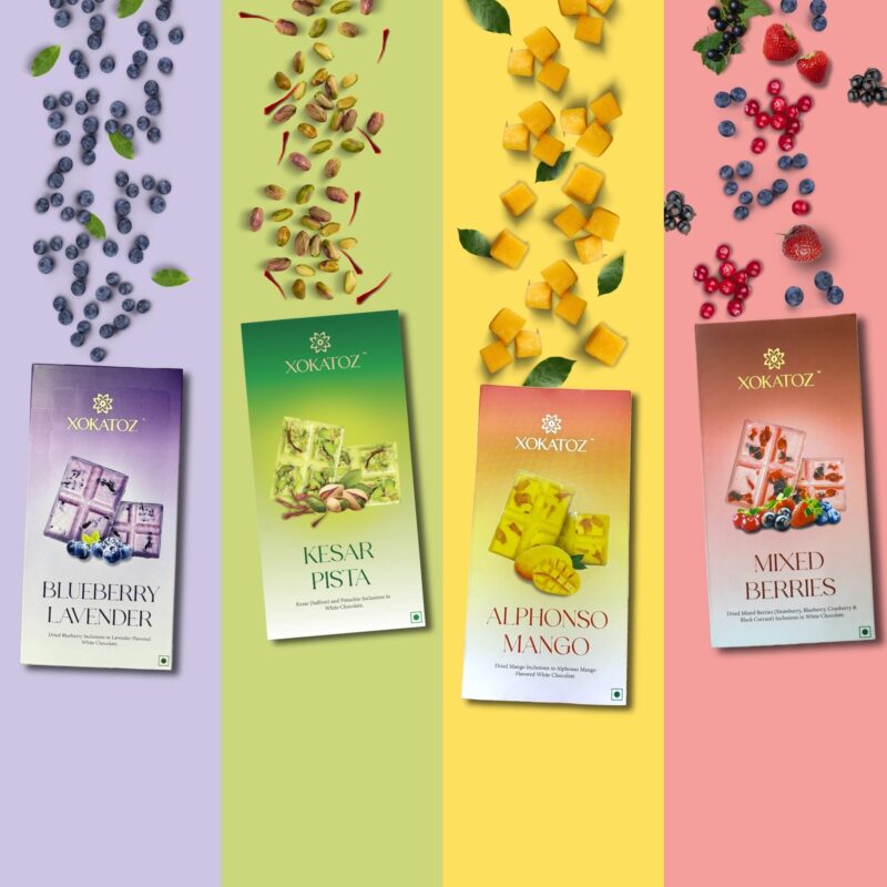 XOKATOZ Exotic Premium Chocolate - 1 Mixed Berries and 1 Blueberry Lavender Flavours - Flavoured White Chocolate Bars - Gift set - Pack of 2, 150g (75g x 2) - Image 3