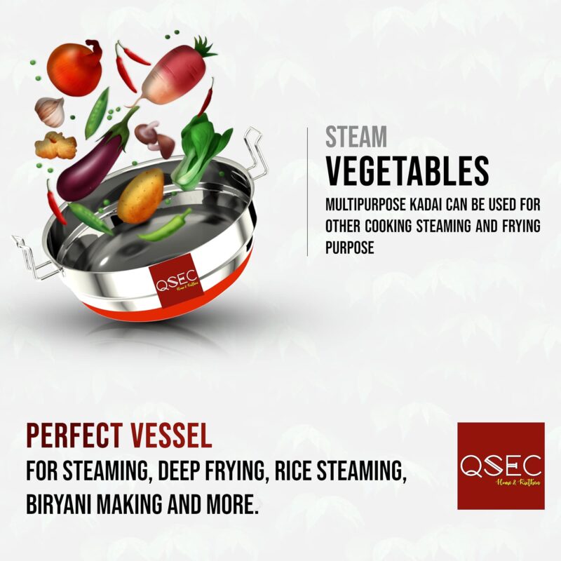 QSEC Stainless Steel Idly Cooker Multi Kadai Idli And Dhokla Steamer & Idli Cooker With 7 Plates|Mini Idli Stand|2 Mini Idli Plate|2 Idli|2 Dhokla|1 Momos|Multi Utility Kadai Cookware Set,5 Litre - Image 6