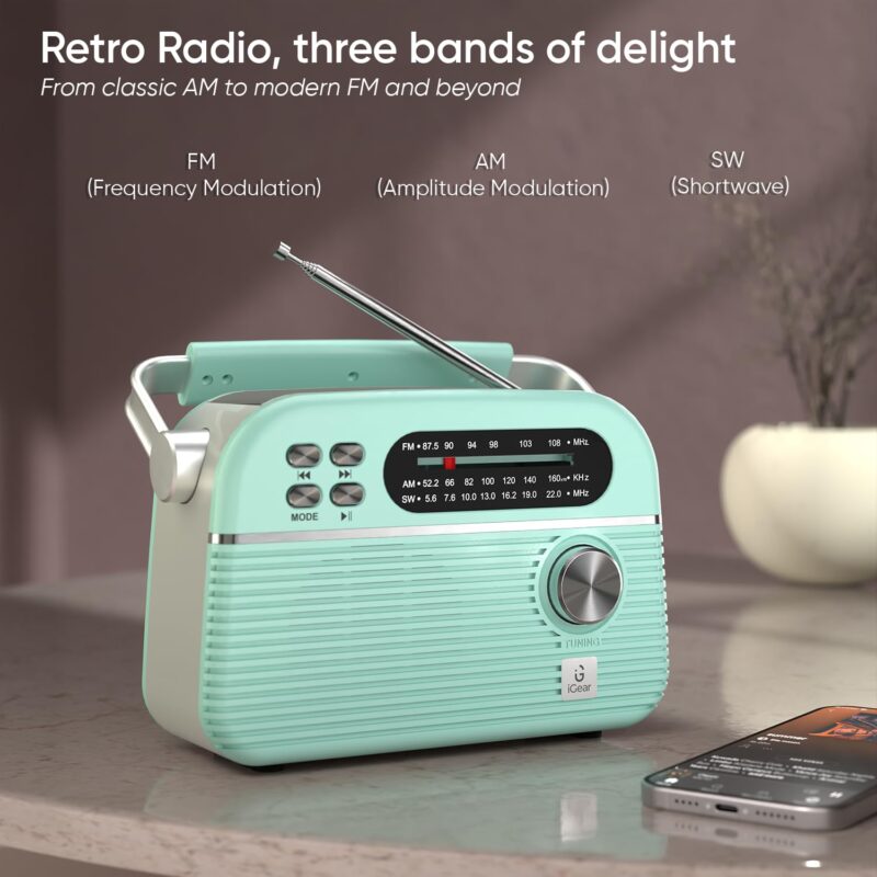 iGear Trinity Solar-Powered MP3 Player & 3-Band Radio with FM/AM/SW, Retro Modern Style, Bluetooth, USB, TF/SD Card, 1200 mAh Rechargeable Battery, Solar Charger, 1 Year Replacement Warranty (Blue) - Image 4