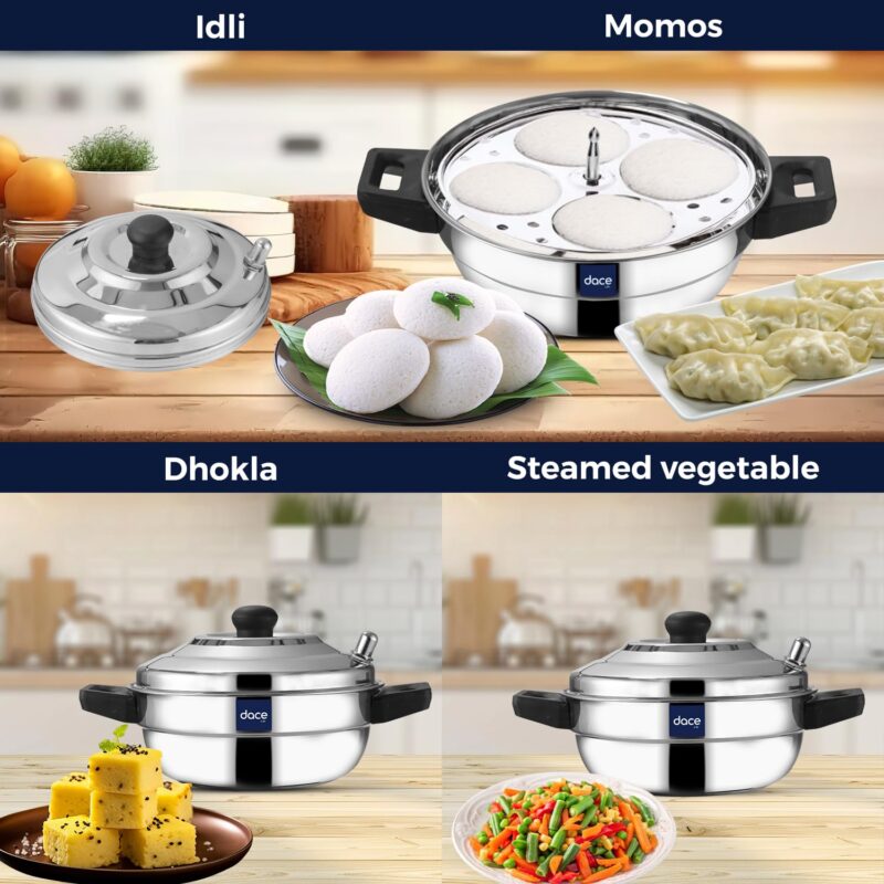 DACE Lite 3 Plate Ss Idli Cooker With Whistle Indicator | Idli Cooker Stainless Steel Pot Steamer| Steel Idli Maker With Silver Lid- 3 Plates- 12 Idlies, 0.5 Litre - Image 9