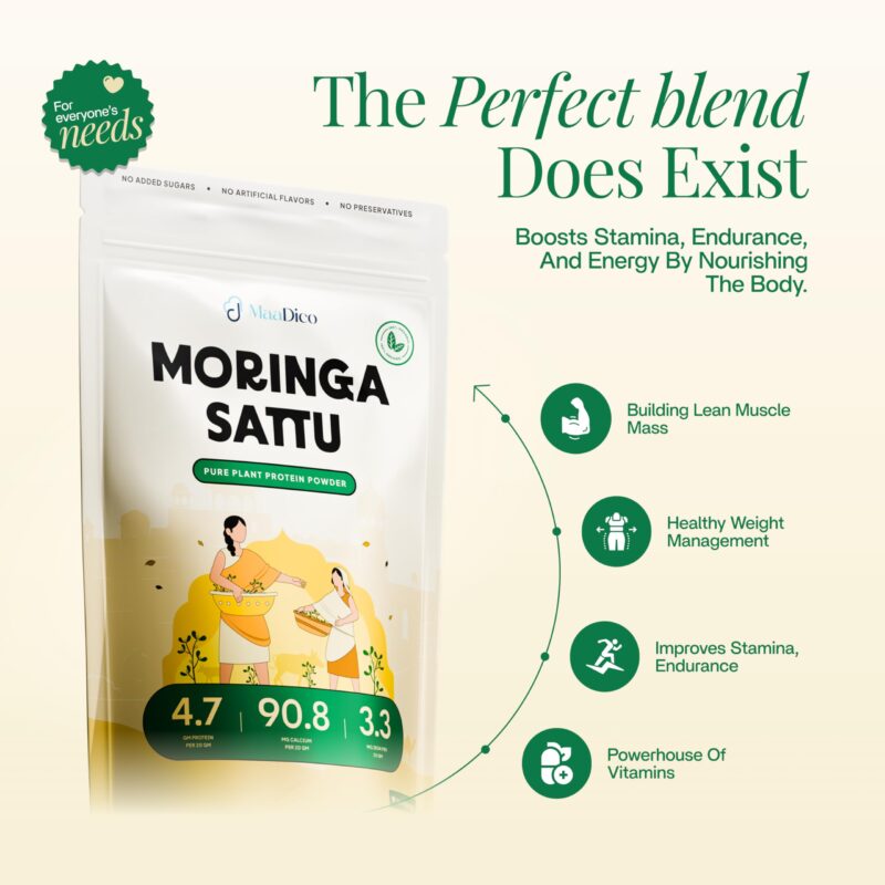 Maadico Moringa Sattu Protein Powder, 500 Gms | 4.7G Protein, 90.8G Carbs, 3.3G Fat Per 100G | Boosts Stamina, Endurance, Energy | Plant Protein Powder For Lean Muscle Mass & Weight Management | - Image 6