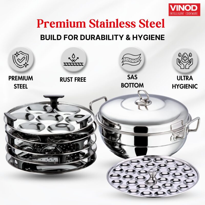 Vinod Stainless Steel Deluxe Multi Kadai with 6 Plates - 26cm, 2 Idli, 2 Dhokla,1 Patra and 1 Mini Idli Plate | Dhokla and Momos Steamer, Maker,Induction Friendly - Image 4