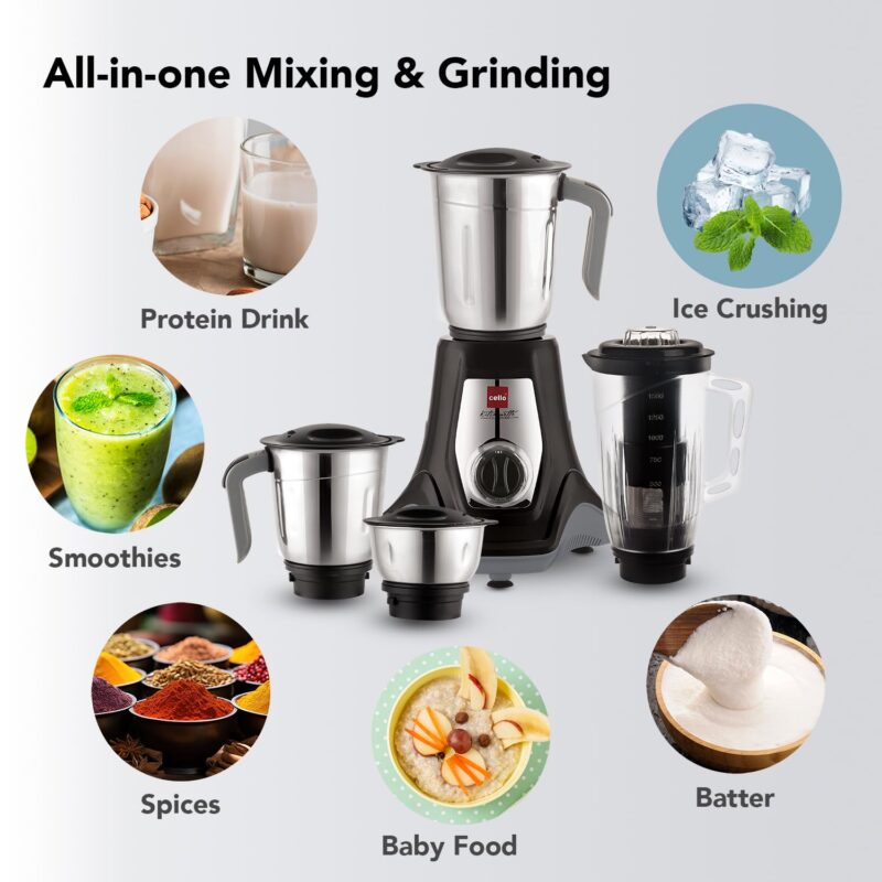 Cello Hercules Mixer Grinder 750W, Black- 2 Year Warranty (Wet Jar with Lid- 1.2 L; Dry Jar with Lid- 1L; Chutney Jar with Lid- 500ml; Juicer Jar Capacity- 1500ml; Spatula) - Image 2
