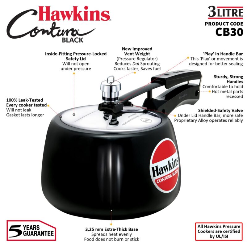Hawkins 3 Litre Contura Black Pressure Cooker, Hard Anodised Inner Lid Cooker, Handi Cooker, Black (CB30) - Image 7