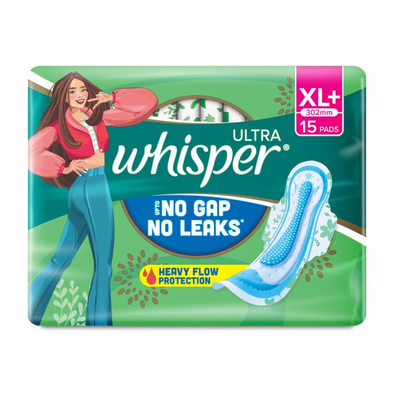 WHISPER ULTRA HYGIENE+COMFORT SANITARY PADS, 15 XL+ PADS, FOR HEAVY FLOW, LONG LASTING PROTECTION, LOCKS ODOUR & WETNESS, DRY TOP SHEET, DISPOSABLE WRAPPER - Image 4