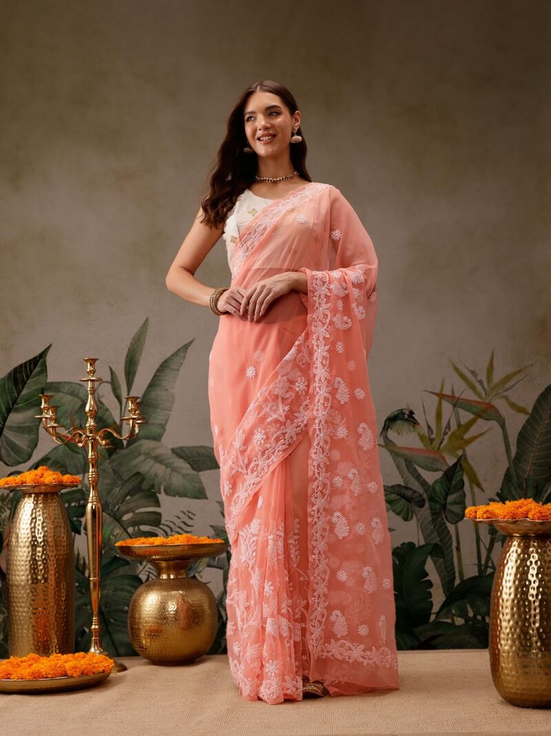 Ada Latest Chikan Peach Georgette Fancy Saree Blouse With Designer Embroidered Motifs A130092 - Image 6